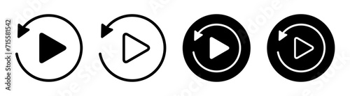Play button set icons, playback button signs, restart video audio player navigate symbol, reset replay symbol – vector