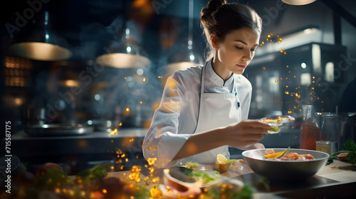 Young female chef of restaurant. Portrait of woman cooking delicious food. Generative ai.