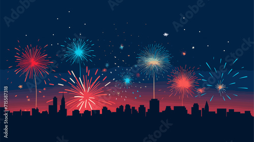 Vectorized fireworks exploding in a night sky, symbolizing the excitement and grandeur of a special occasion or New Year's Eve party. simple minimalist illustration creative
