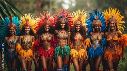 Group of beautiful African American women in traditional costume with feathers dancing on the nature.