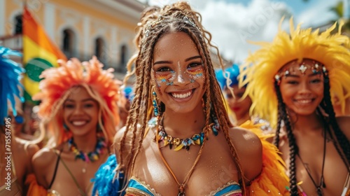 Portrait of a group of young women in colorful costumes at the carnival in Brasil.