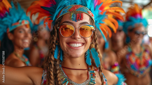 Portrait of a beautiful hipster woman in a colorful headdress and sunglasses at carnival.