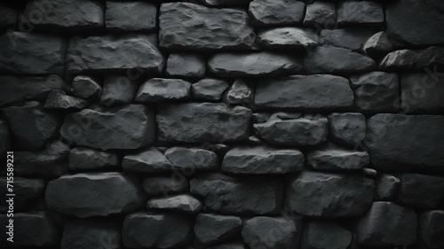 Old black stone brick wall texture for background or decorative design.