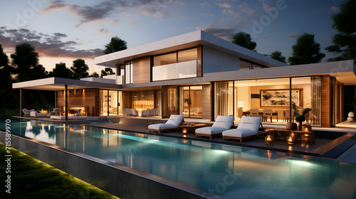 Modern villa with open plan living and private bedroom wing with small terrace for relaxation, real estate brochure advertisement, generative ai