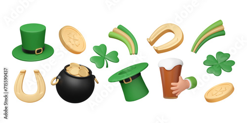 Set of 3D St. Patrick's Day elements in plastic style. Pot of gold, leprechaun green hat, beer in hand, golden coins and horseshoe, shamrock and clover, isolated rainbow. Vector illustration.
