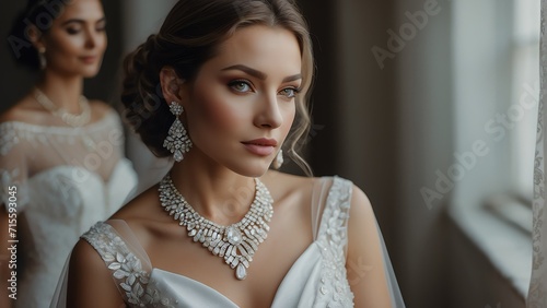 Woman wearing a white dress ensemble, showcasing the beauty of a young bride with a diamond earrings and necklace set from Generative AI