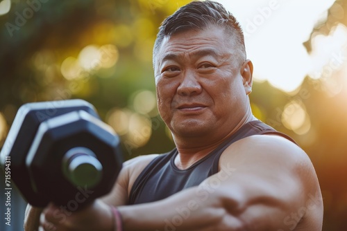 Fat middle aged asian man dumbbell exercising