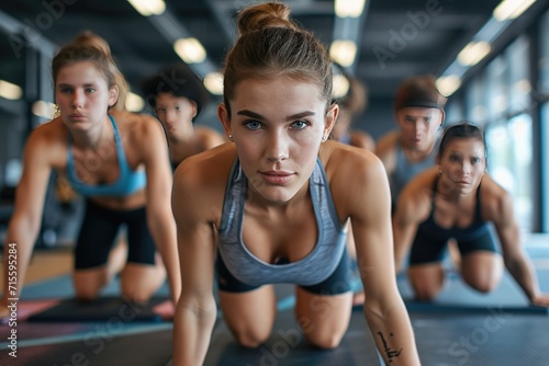 Fit young people doing pushups in a gym looking focused