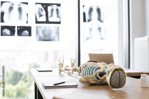 Model of a variety of human body parts in doctor office. 3D model of human skeleton with organs lies on table of universities surgical department. Showing skeleton ,organs, brain, bones, joints.