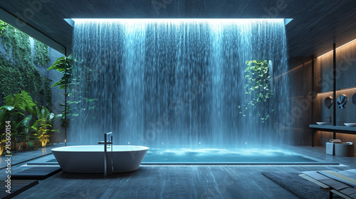 Enhance your bathroom design with a floor-to-ceiling illusion of a cascading waterfall.