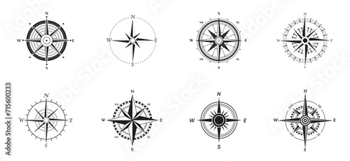 Compass Silhouette Icon Set on White Background. Rose Wind Glyph Pictogram.