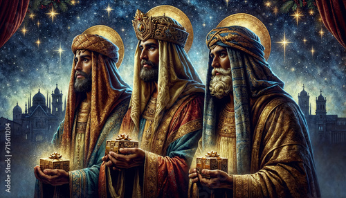 Three Wise Men in traditional attire, holding their gifts of gold, frankincense, and myrrh. The background is a starry night sky, with a subtle silhouette of the nativity scene in the distance.