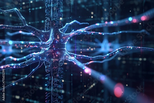 Artificial neuron in concept of artificial intelligence. Wall-shaped binary codes make transmission lines of pulses and/or information in an analogy to a microchip