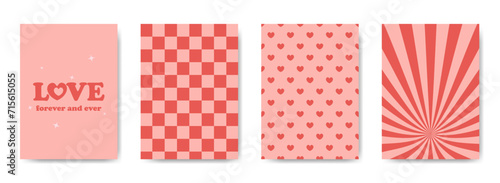 Groovy valentines day backgrounds in retro style set. Greeting card and cover templates collection