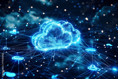 Cloud Computing Concept With Prominent Cloud Icon Surrounded By Global Connections. Сoncept Cloud Computing, Global Connectivity, Iconic Cloud, Digital Transformation, Network Infrastructure