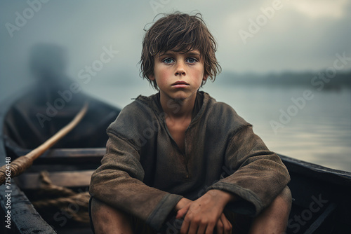 Generative AI image of boy sitting in a boat enjoying recreation hobby nature summer holidays