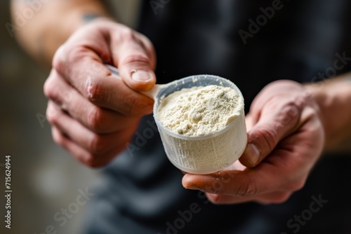 Man holding measuring spoon with sports supplements for bodybuilding. BCAA, protein, creatine or glutamine powder.