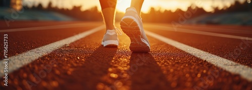 Male athlete's feet in running shoes on stadium starting line, poised for track and field event, capturing essence of sports dedication and marathon preparation, runner and health concept 