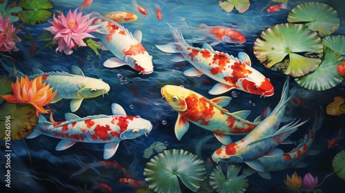 Colorful painting of Koi fish in a pond filled with lotus flowers and lily pads