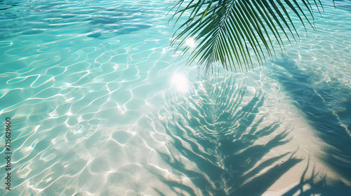Tropical leaf shadow on water surface. Shadow of palm leaves on white sand beach