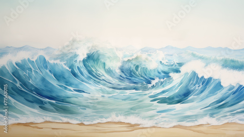 Serene beach waves watercolor painting with mountain backdrop. Wall art wallpaper