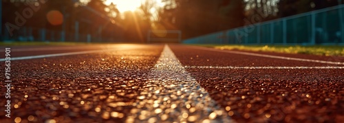 Stadium's starting line in afternoon light, a powerful symbol of sports and health, ready for athletes in track and field events, perfect for sports advertising