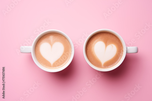 Two cups of coffee with heart shape foam latte art on pink background. Valentine's day or coffee lover concept. Top view. Generative ai.