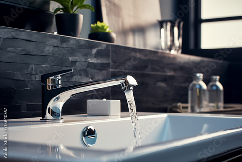 Water flowing from the tap in a Modern Bathroom, water waste theme