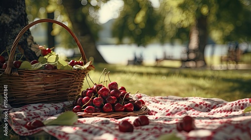 a handful of cherries on a picnic. Generative AI