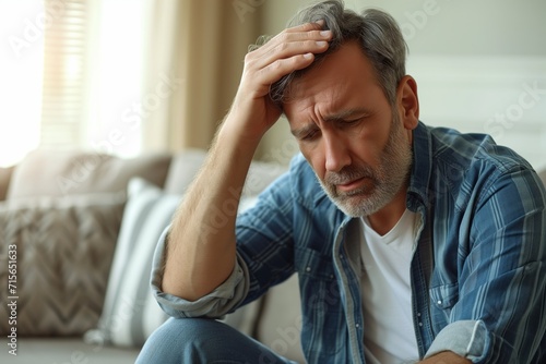 Middleaged Man With Multiple Health Issues Struggles At Home With Discomfort. Сoncept Managing Chronic Pain, Daily Health Challenges, Coping With Multiple Health Conditions, Finding Comfort At Home