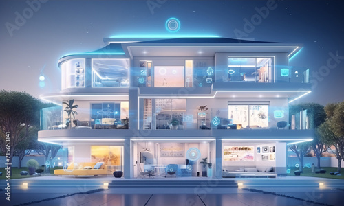 Internet of things concept with an image of a smart home with various connected devices and appliances.