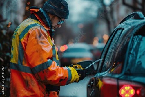 Uk Traffic Warden Issuing A Parking Ticket In A Closeup Shot. Сoncept Traffic Wardens On Duty, Parking Enforcement, Closeup Ticketing, Uk Parking Regulations