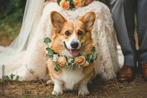 Corgi with Floral Necklace at Wedding