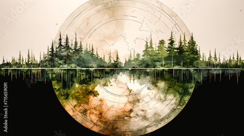 Lac et sapins, illustration circulaire