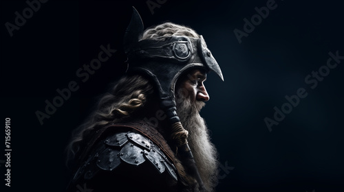 Portrait d'un vieux roi viking en armure. Profil visage d'un guerrier sur fond noir.