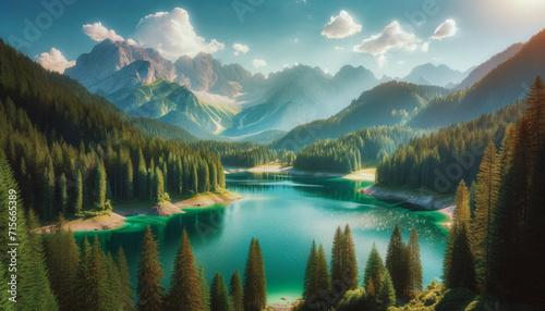 Amazingly beautiful summertime landscape with a mountain lake with emerald water surrounded by coniferous forests and majestic mountains 