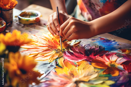 Close-up of female artist painting flowers with watercolors on canvas