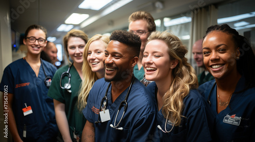 A group of doctors from different ethnicities smiling in a hospital 