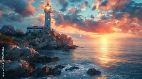 Beautiful lighthouse cliff overlooking ocean while a sunset