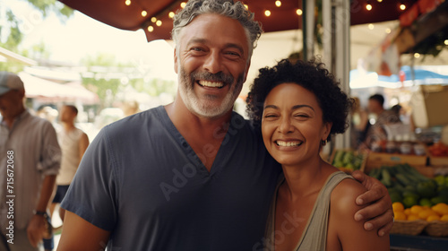 Portrait of a happy mixed race couple looking at camera and smiling while standing together at a market stall