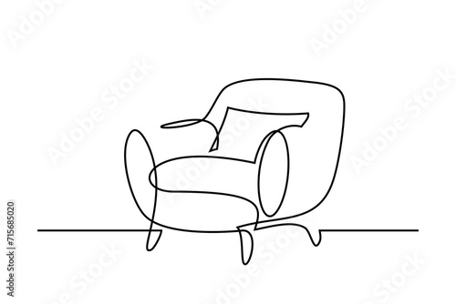 Armchair in continuous line art drawing style. Upholstered armchair with a pillow black linear sketch isolated on white background. Vector illustration