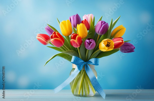 a spring bouquet of colorful tulips on a blue background with a place for text