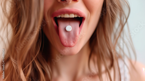 Woman with pill on tongue, health supplement concept. 