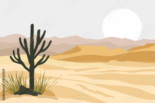 Desert landscape. Vector illustration of a hot sandy desert with cactus and grass. Beautiful dunes against the backdrop of the bright scorching sun. Drought. Flat design.