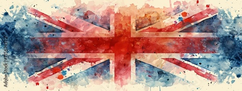  A watercolor rendition of the United Kingdom flag with splashes of color and a textured appearance, suitable for creative backgrounds or graphic elements.