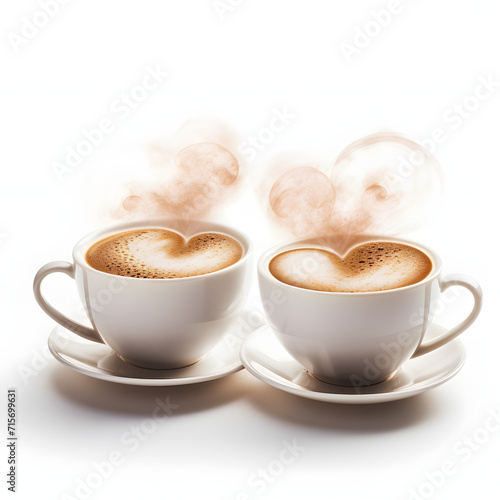 Two coffee cups with heart-shaped steam, symbolizing a perfect pair isolated on white background, photo, png 