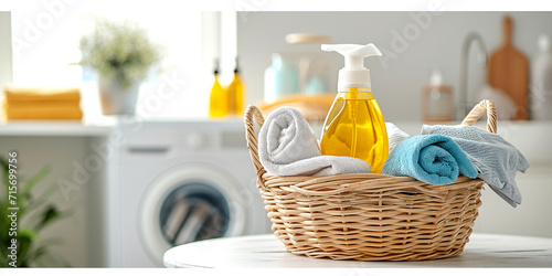 wicker basket with chemical and alternative environmental cleaning products, cleaning and detergents on table with towels on laundry background