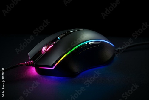 A sleek gaming mouse with RGB lights, emitting a cool futuristic vibe. The lighting is concentrated on the mouse. Generative AI