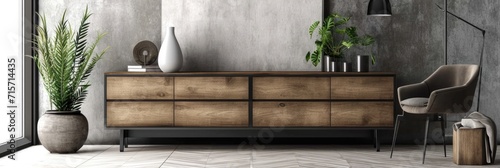 Modern Living Room Scene with Wooden Dresser and Beige Background