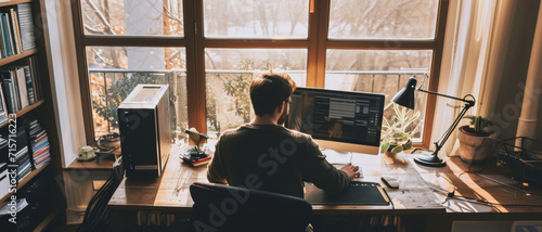 A serene home office bathed in sunlight with a focused individual at work amidst cozy surroundings